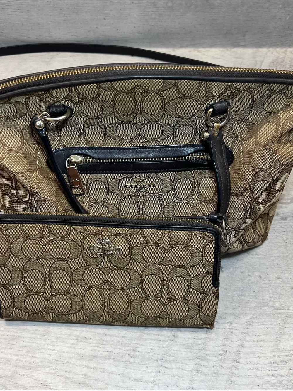 COACH PRAIRIE SATCHEL SIGNATURE JACQUARD KHAKI BROWN LIGHT GOLD CROSS BODY PURSE